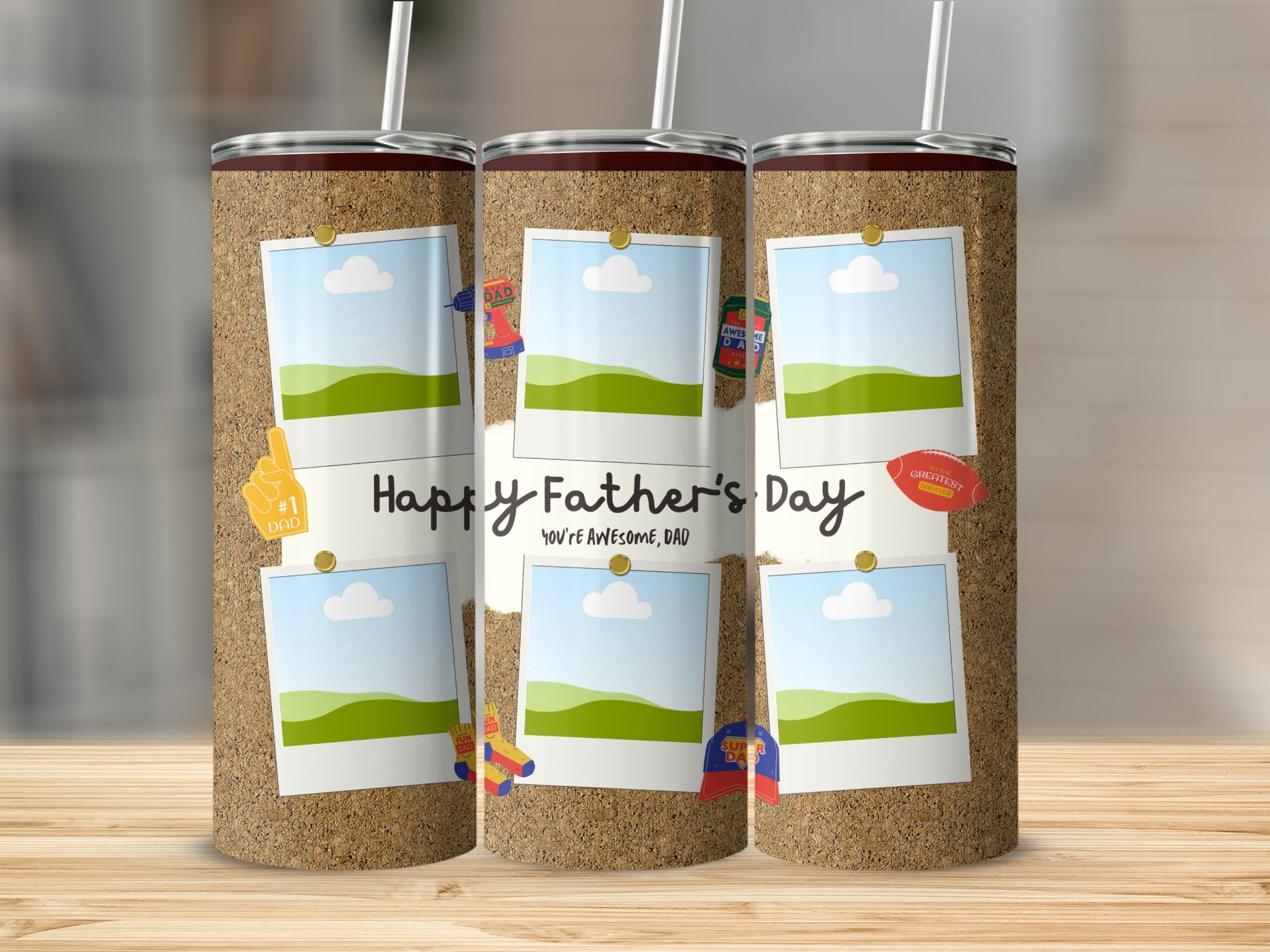 Three tumblers with a cork texture, featuring photo placeholders and Father's Day icons.