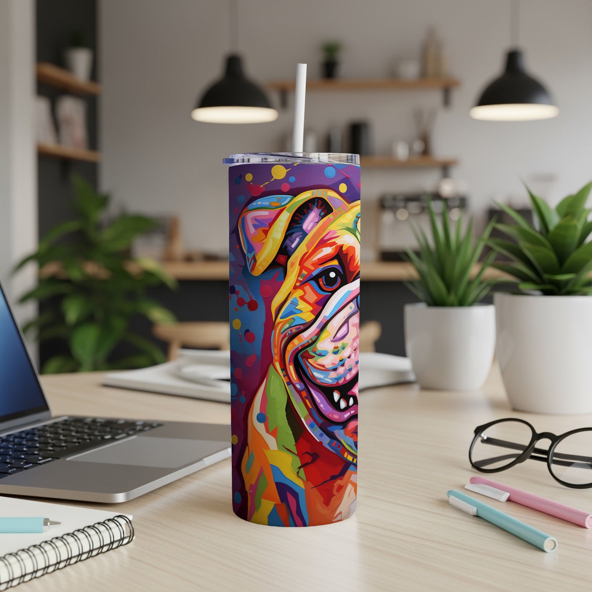 Colorful bulldog design on a skinny tumbler with a straw.