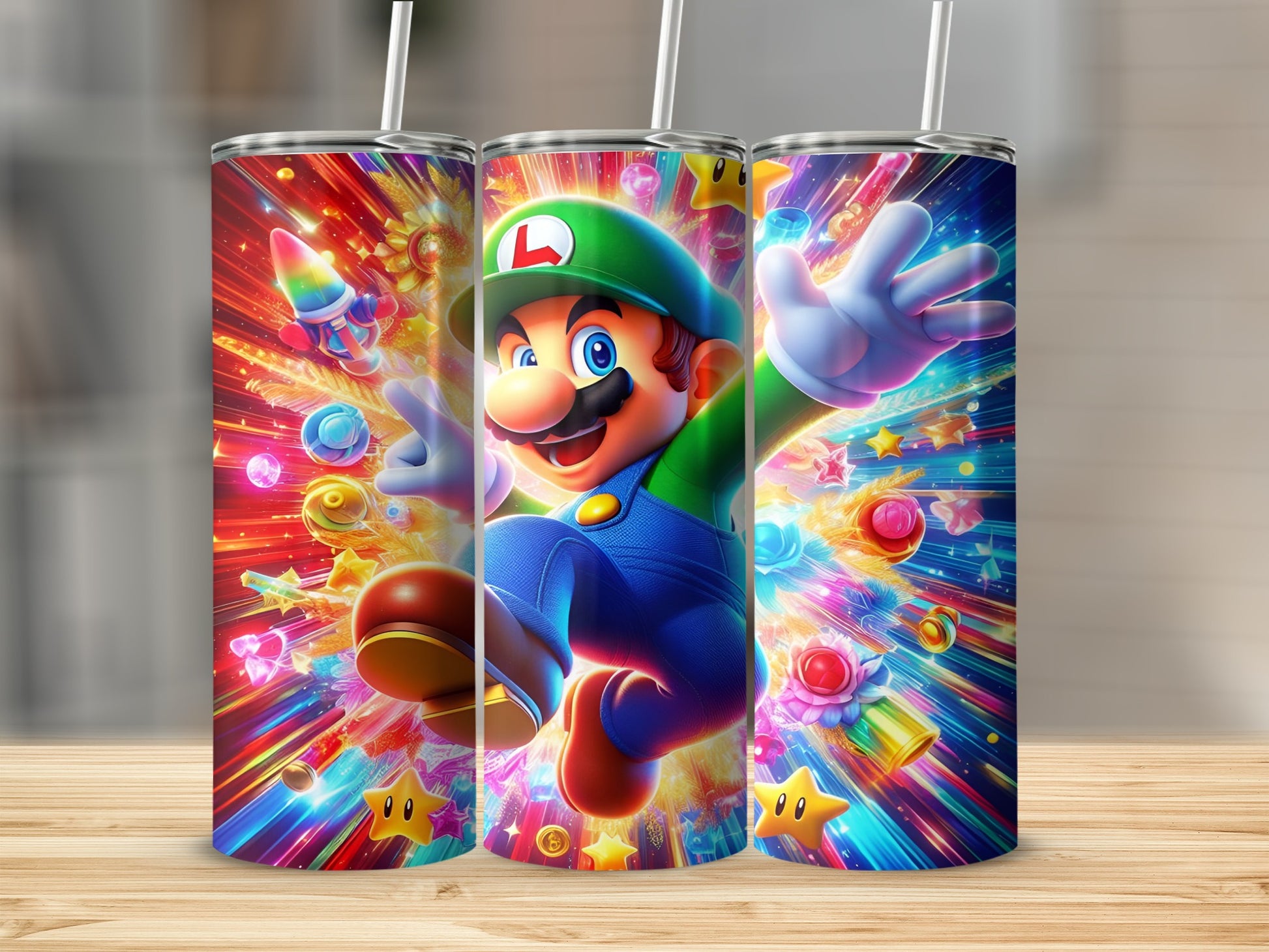 Luigi jumping with colorful stars and power-ups on a patterned tumbler.