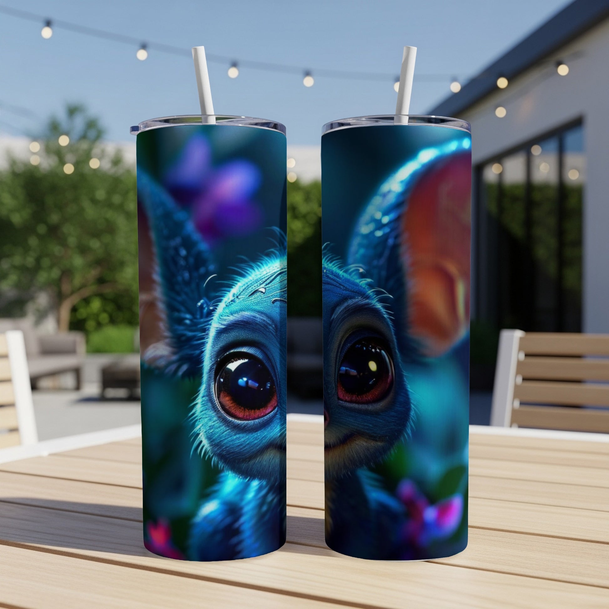Two tumblers featuring a close-up of a blue, wide-eyed creature with large ears.