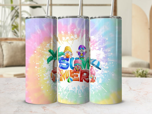 Three tumblers with a colorful tie-dye pattern and summer gnome graphics.