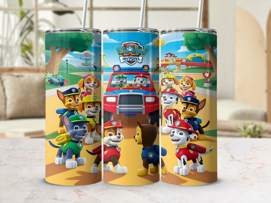 Paw Patrol characters in their vehicles on a colorful background.