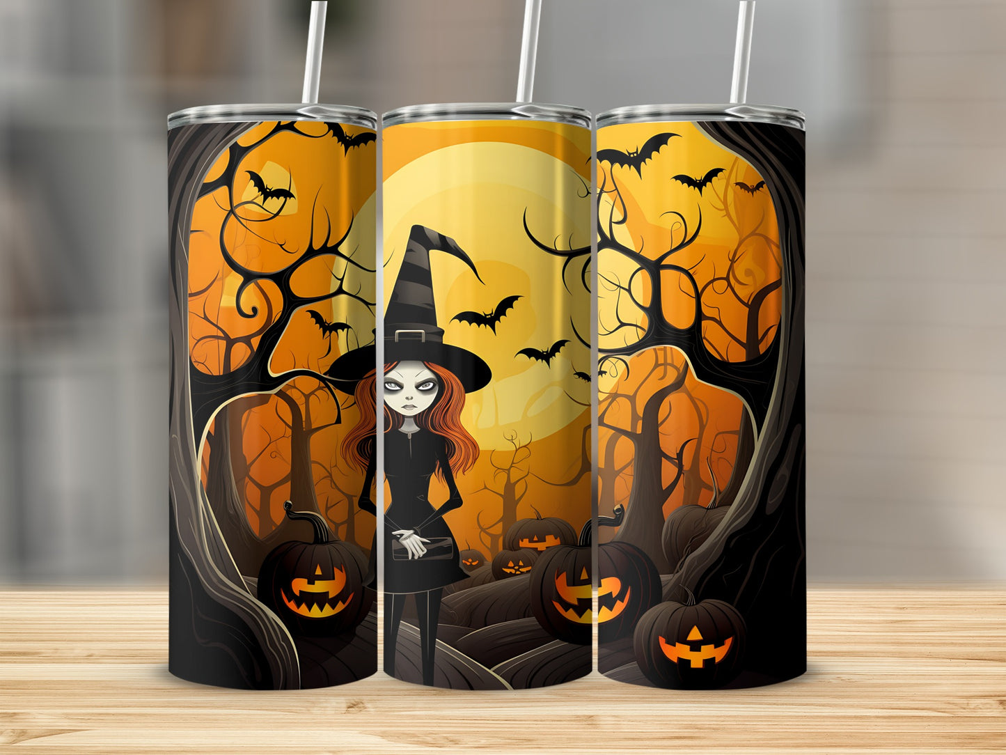 Halloween tumbler with witch, pumpkins, bats, and full moon in spooky forest scene.