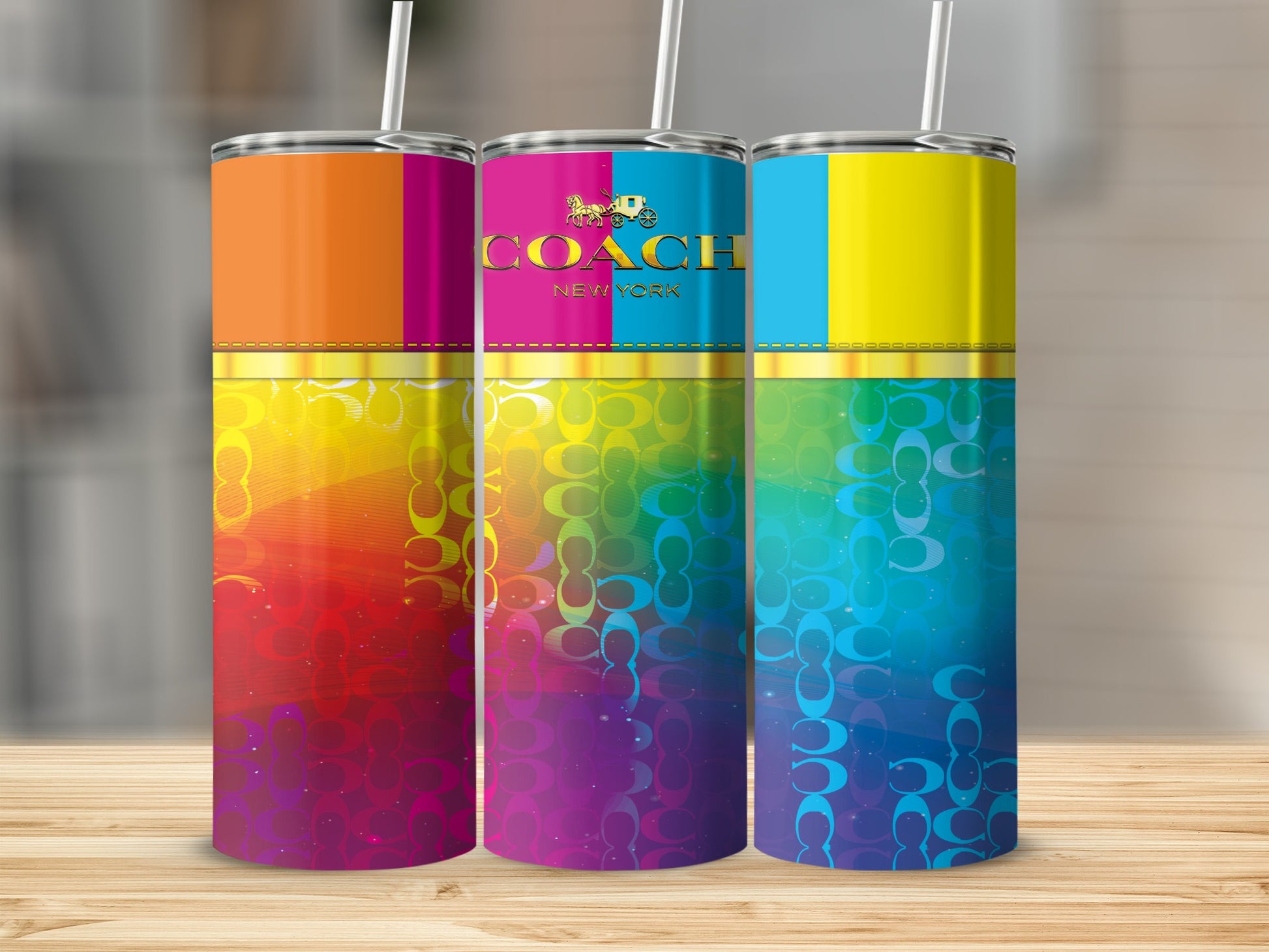 Three tumblers with rainbow gradient, Coach logo, and repeating C pattern.