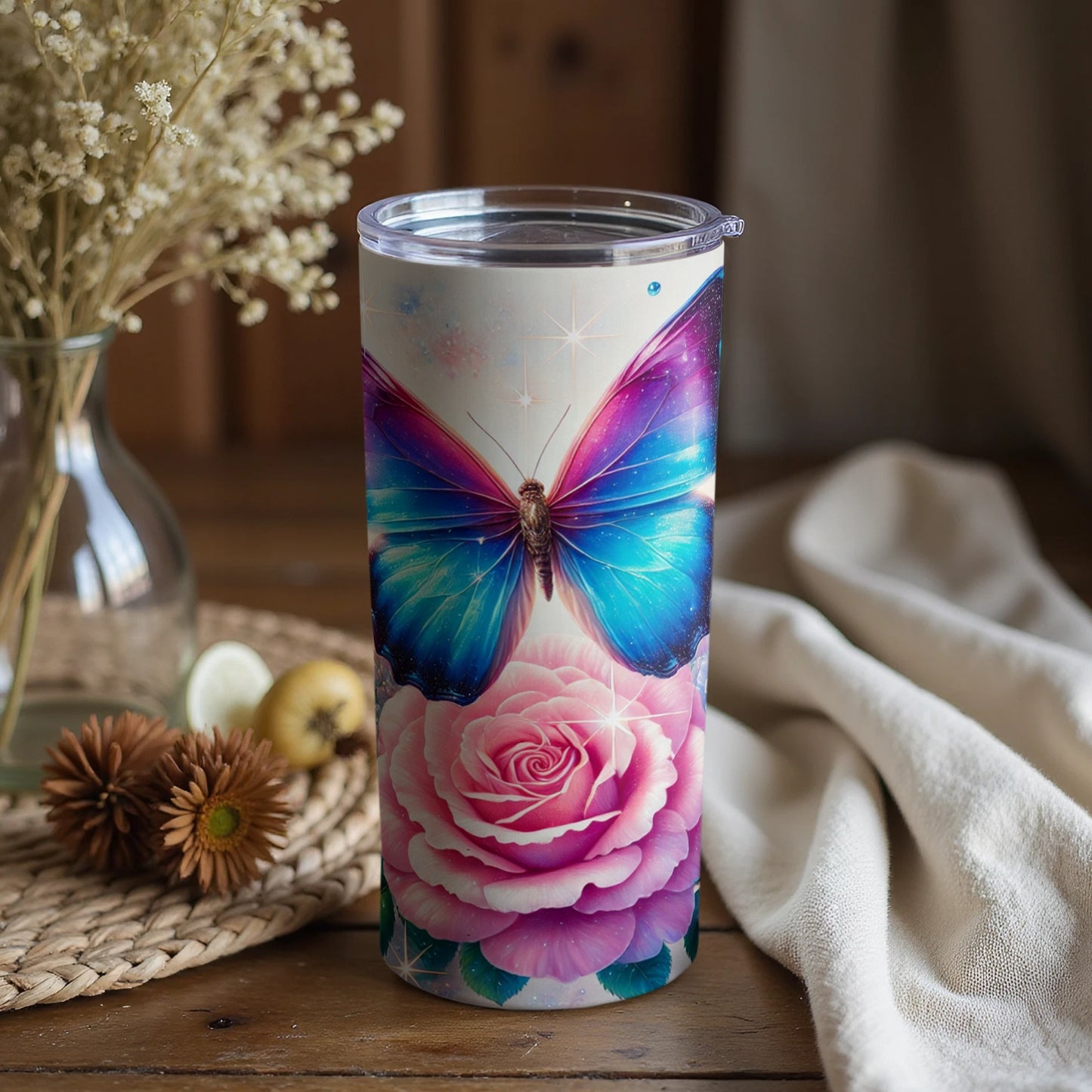 Butterfly and Pink Rose Design Tumbler