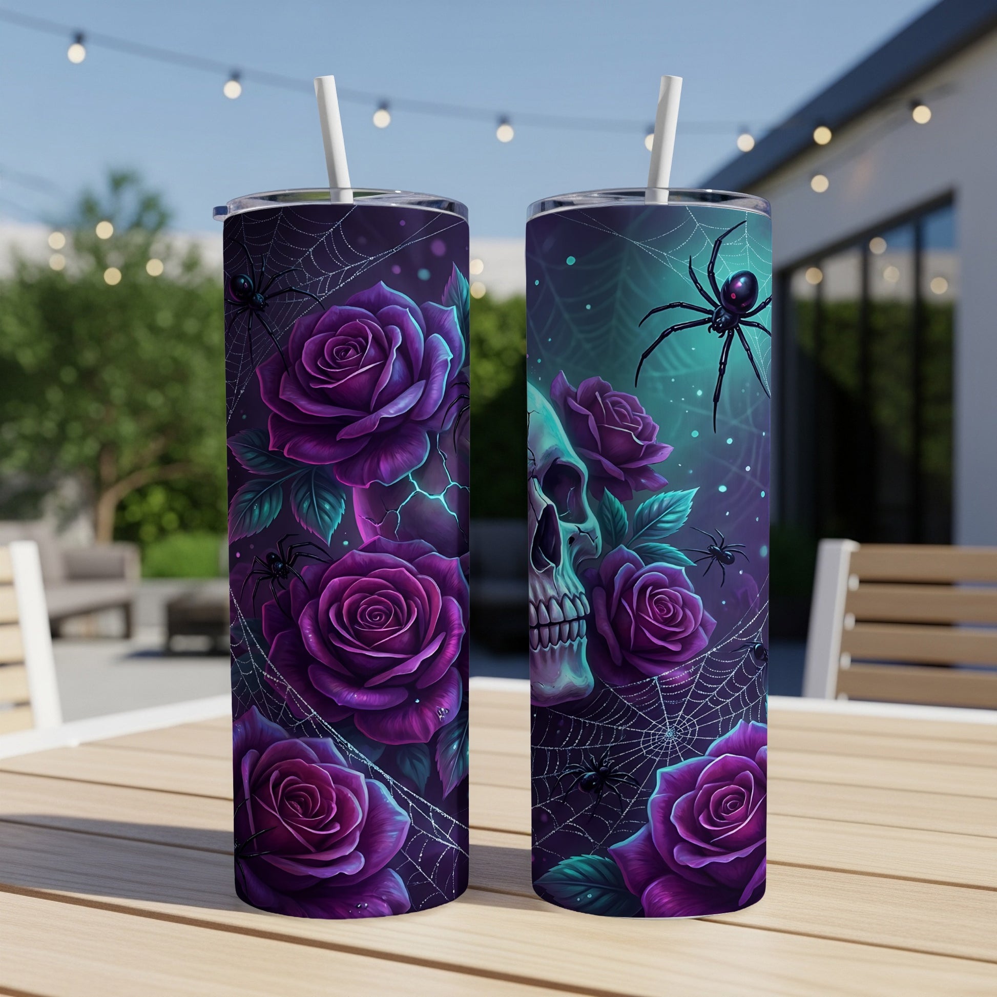 Purple roses, skull, and spiders on a dark, spooky Halloween themed tumbler.