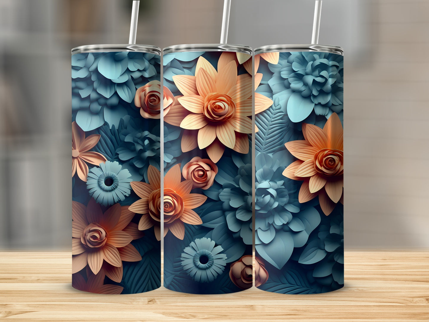 Deep Blue Peach Floral 3D Effect Tumbler product type