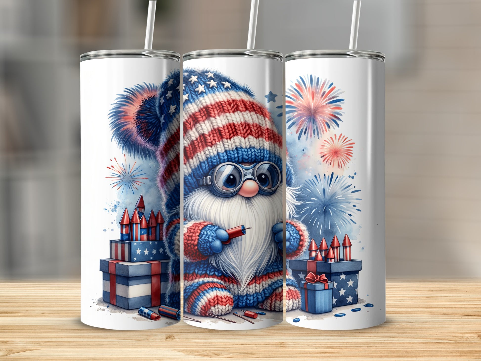 Gnome in patriotic outfit holding sparkler, surrounded by fireworks and gifts.