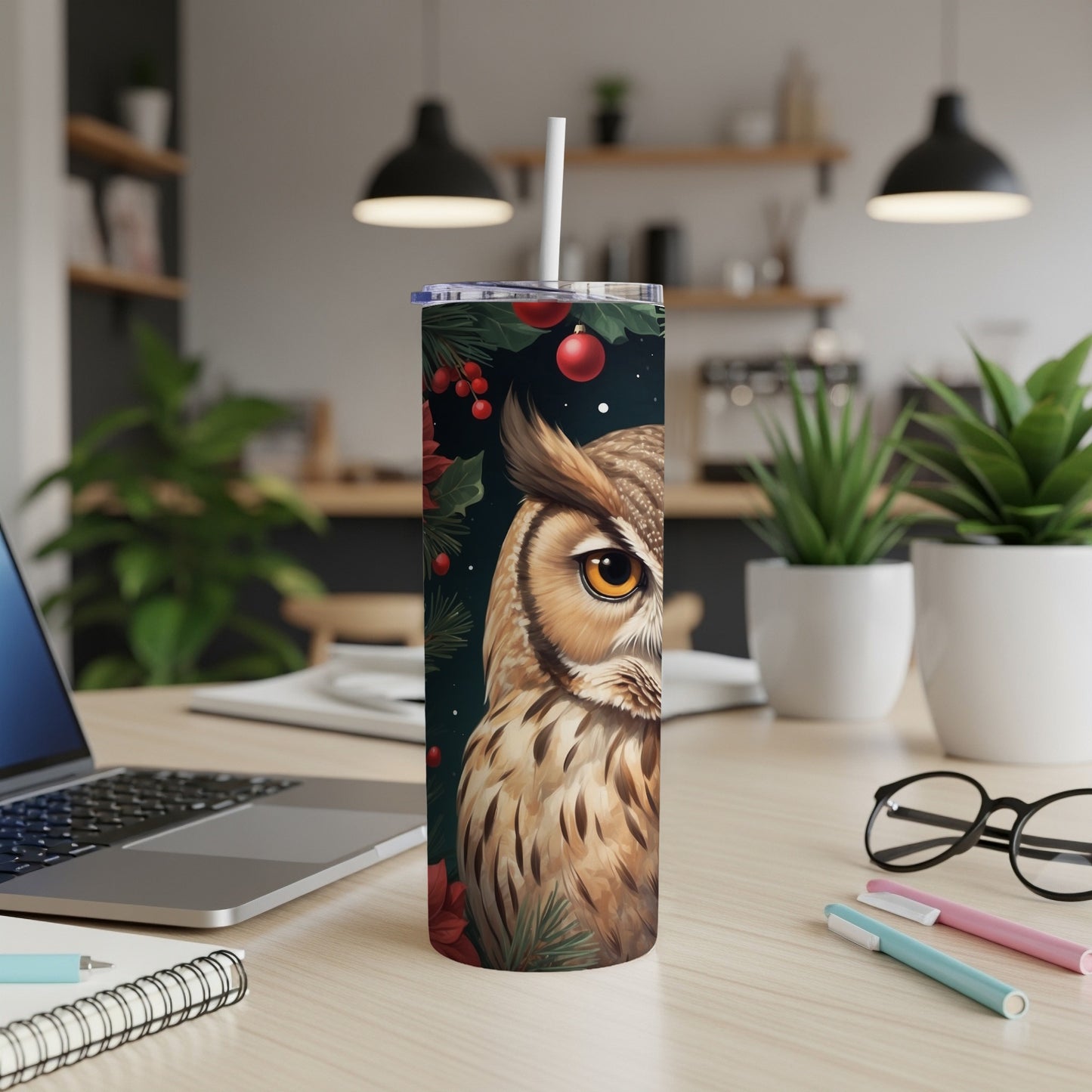 Owl on a Christmas tumbler with poinsettias and holly.