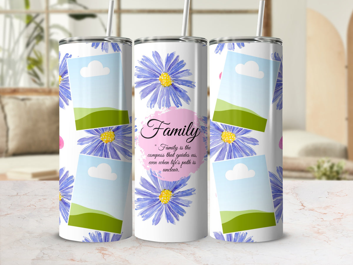 Tumbler with purple floral design, family quote, and photo placeholders.