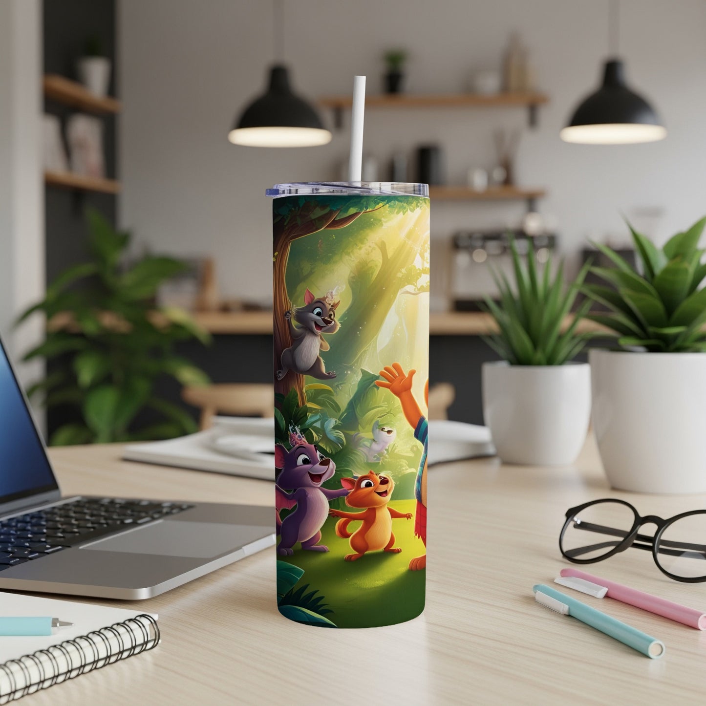 Cartoon animals playing in a sunny forest scene on a tumbler.