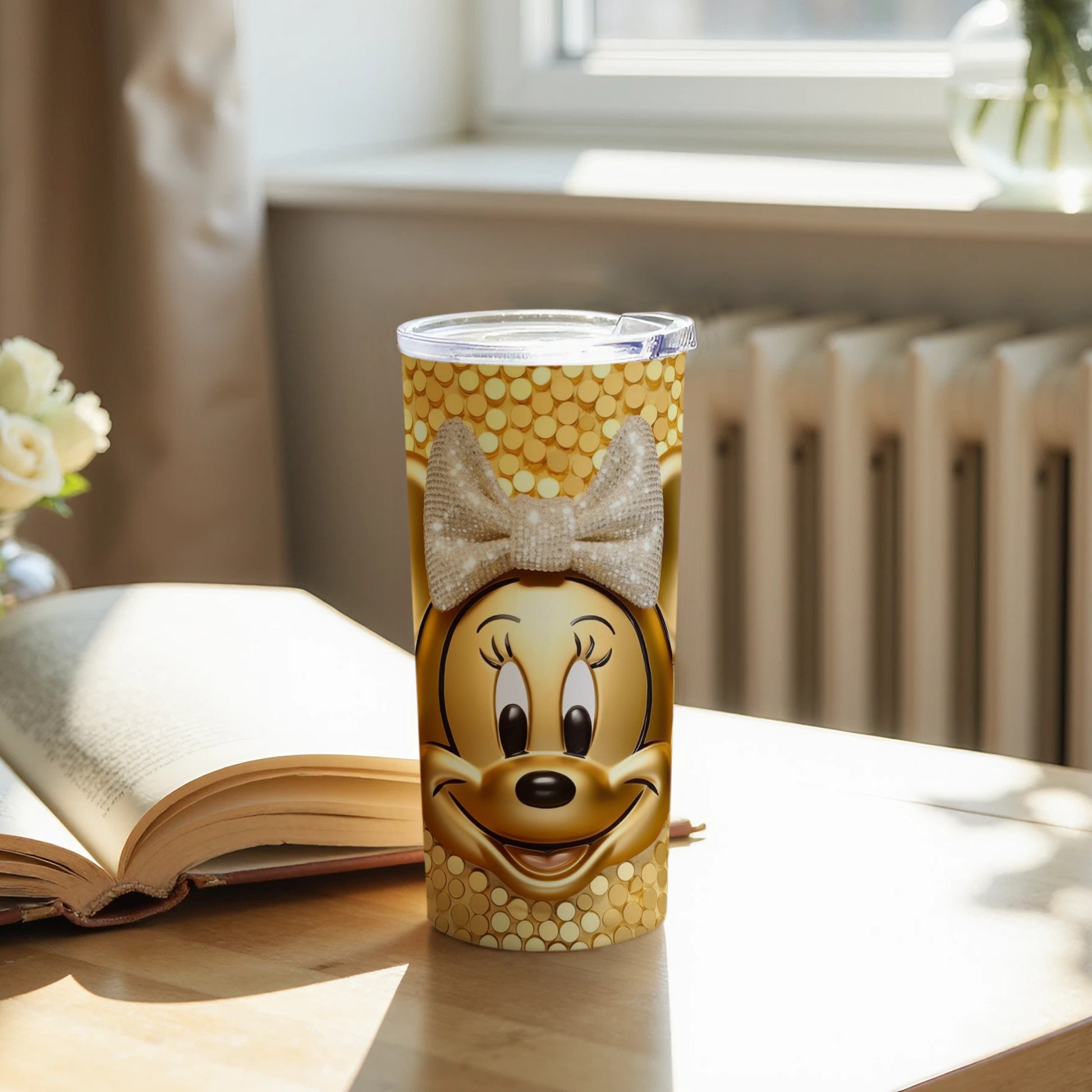 Golden Minnie Mouse Tumbler with Bow Design