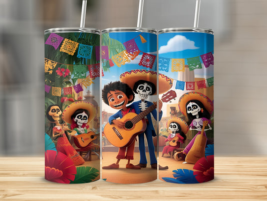 Coco movie characters with guitars and maracas under papel picado.