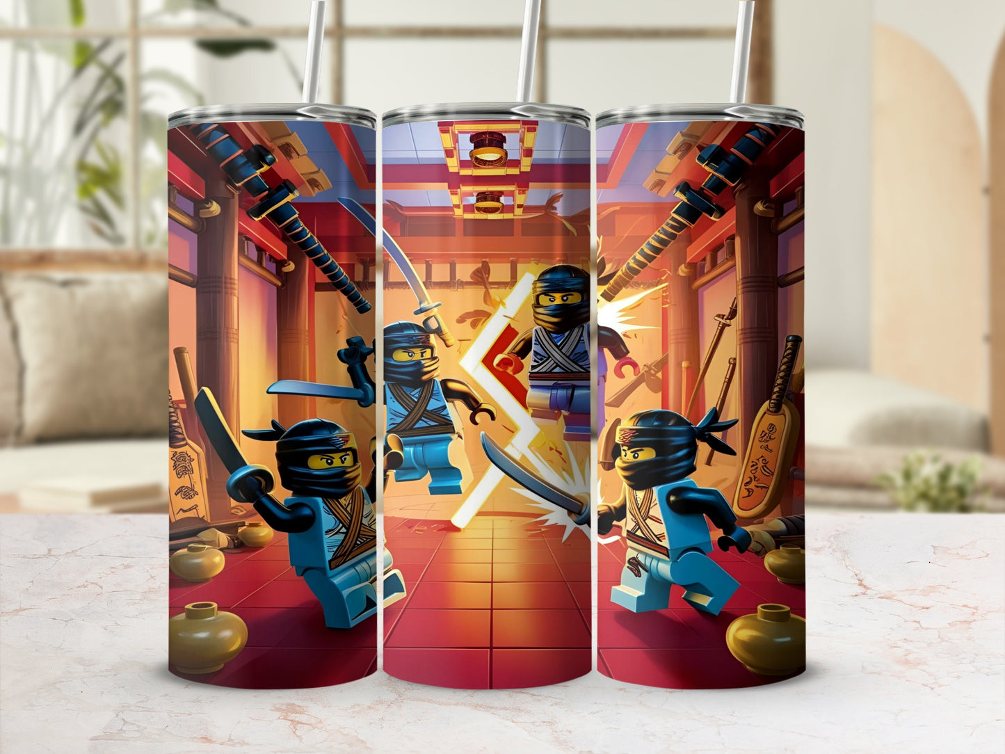 Ninjago characters battling in a stylized dojo setting.