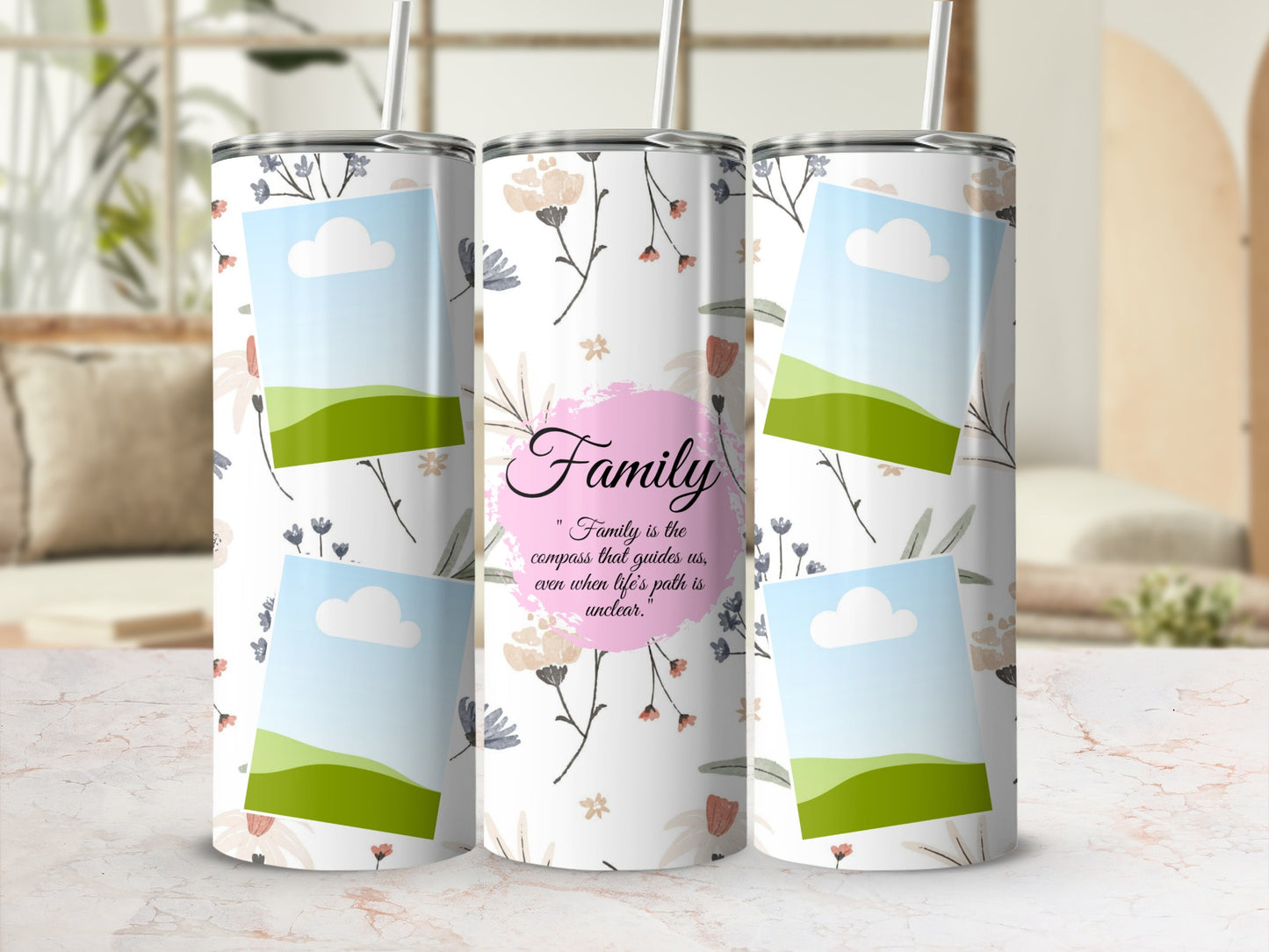 Floral tumbler with "Family" quote and photo placeholders.