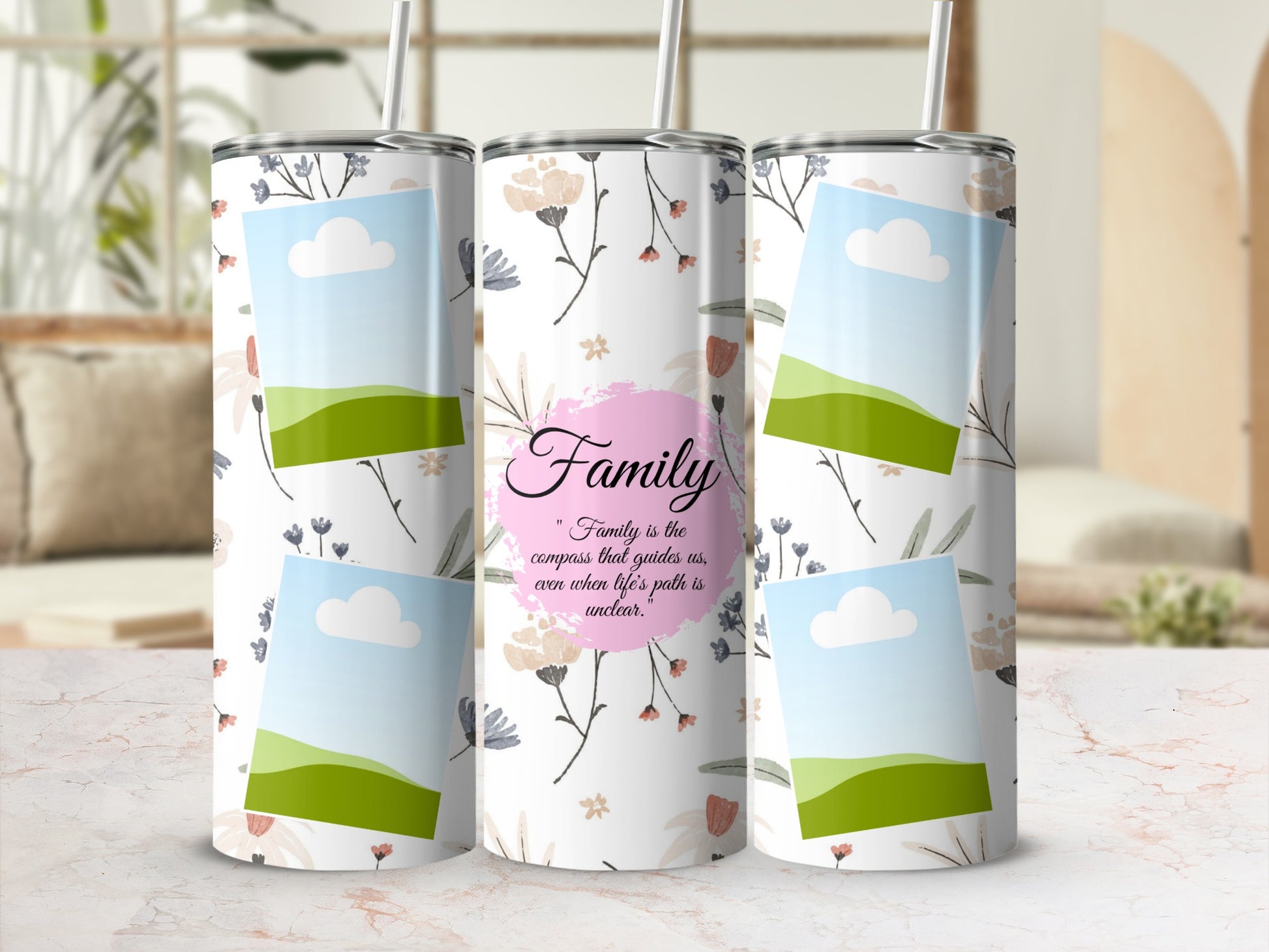 Floral tumbler with "Family" quote and photo placeholders.