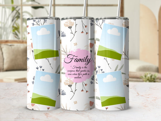 Floral tumbler with "Family" quote and photo placeholders.