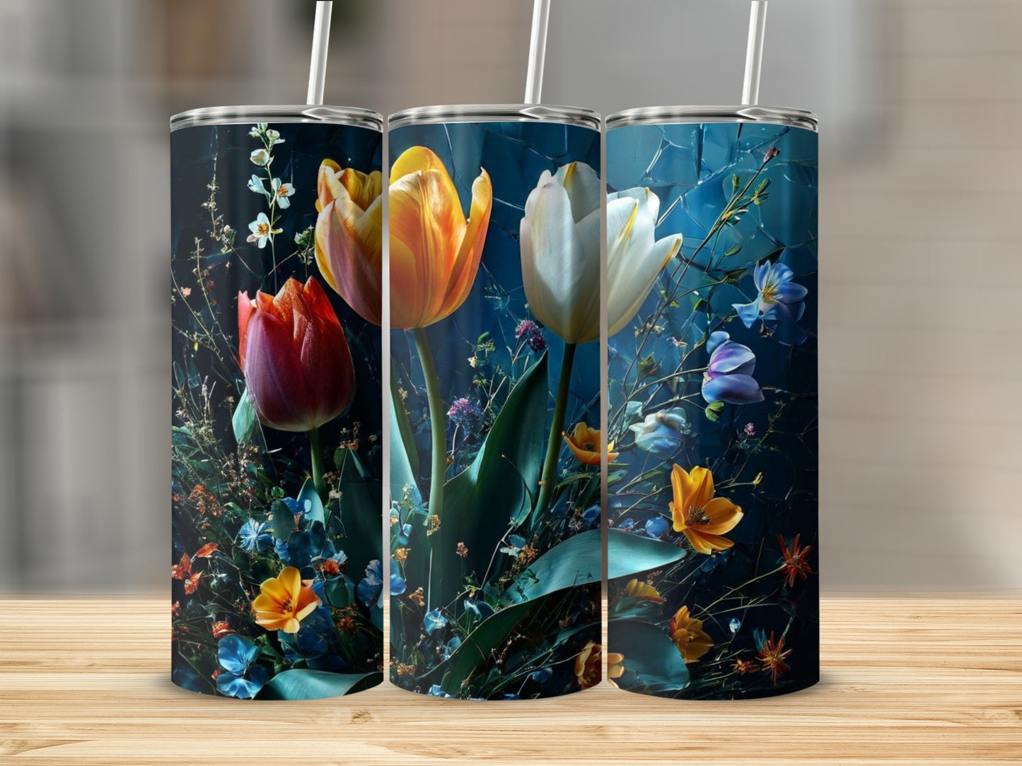 Three tumblers featuring vibrant floral designs with tulips and various other flowers.