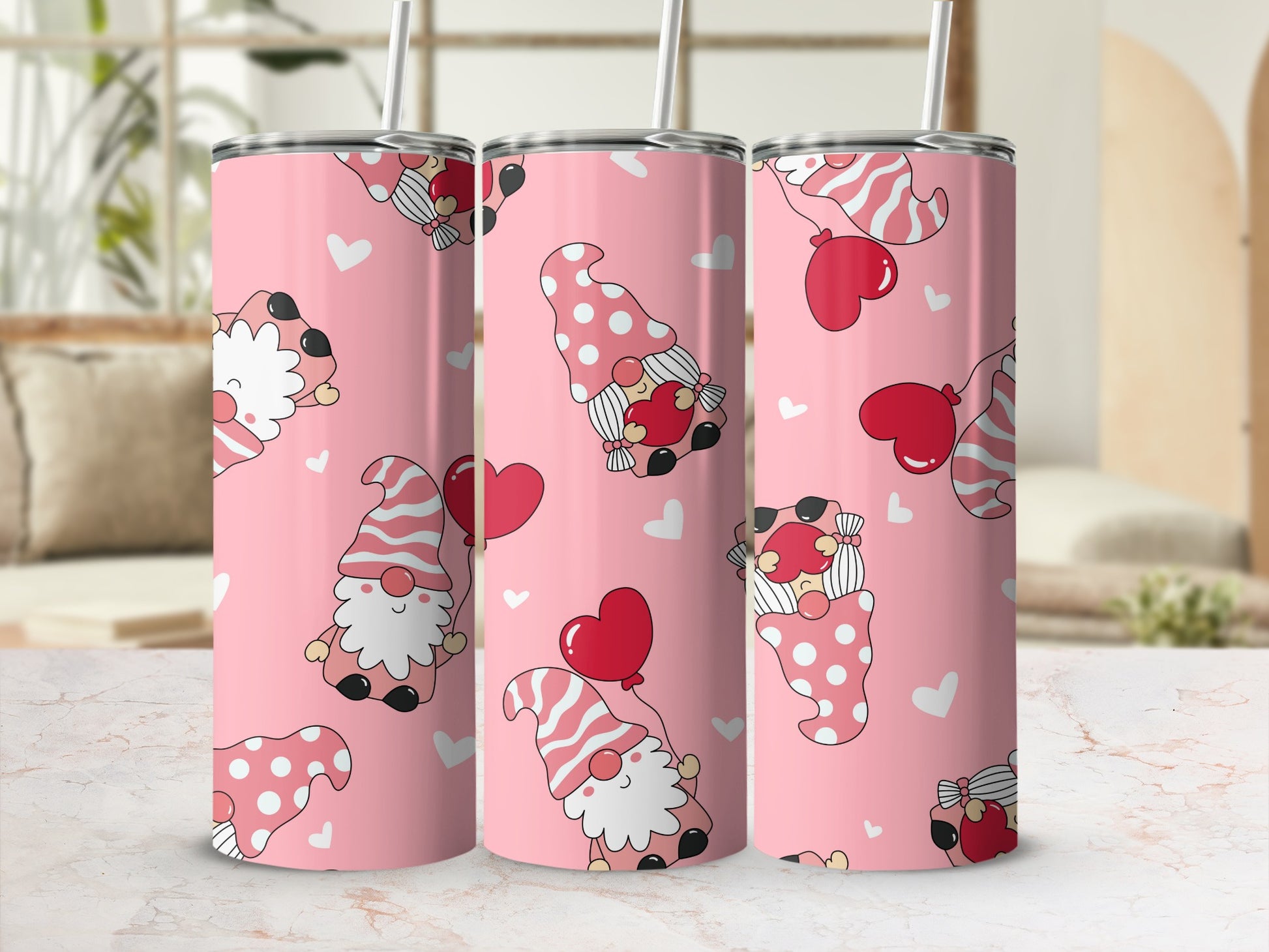 Adorable Cartoon Gnome Design Pink Tumbler Stainless Steel