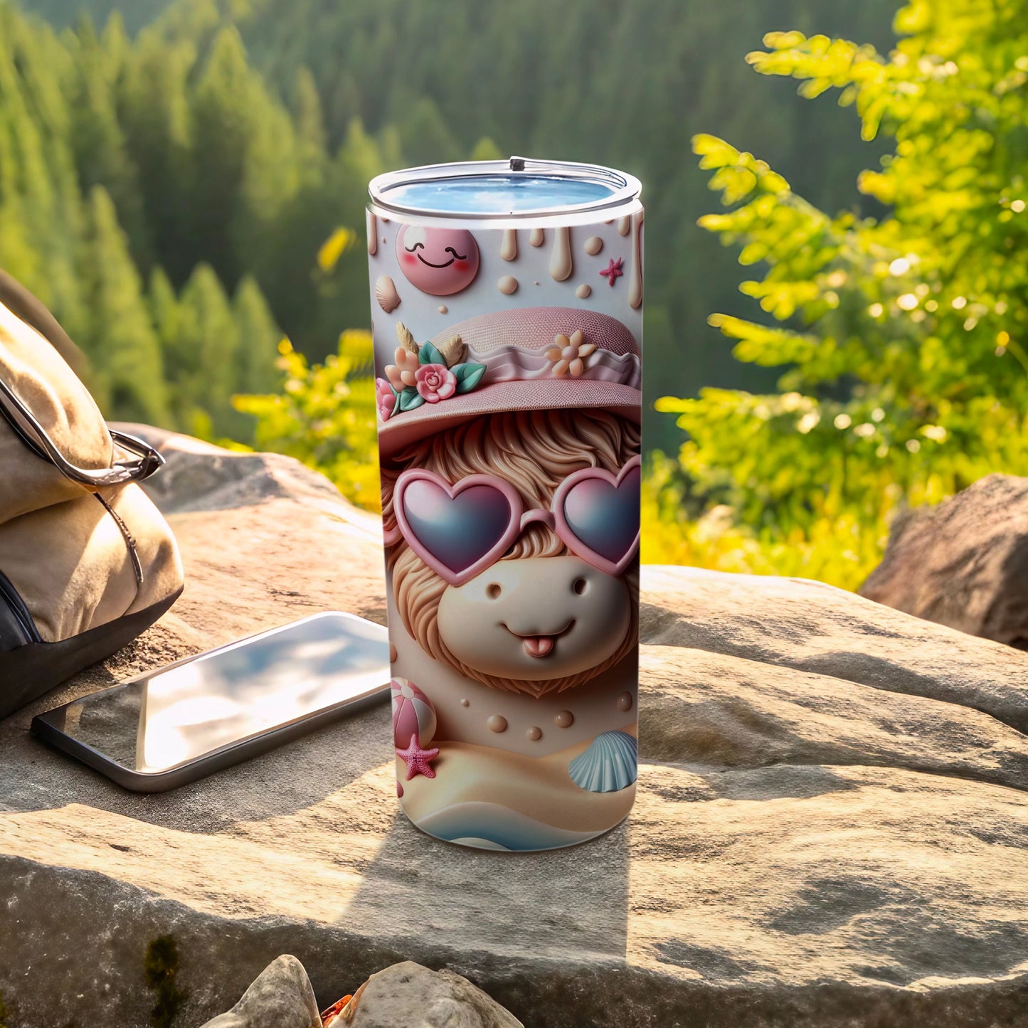 Tumbler with a beach-themed design featuring a smiling sun and hearts.