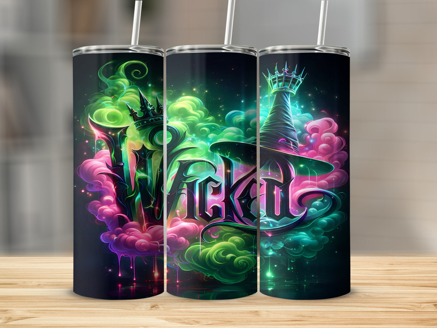 Three tumblers with a "Wicked" design featuring crowns, a witch's hat, and neon smoke.