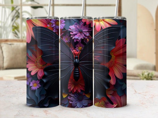 Three tumblers with a dark butterfly and floral design.