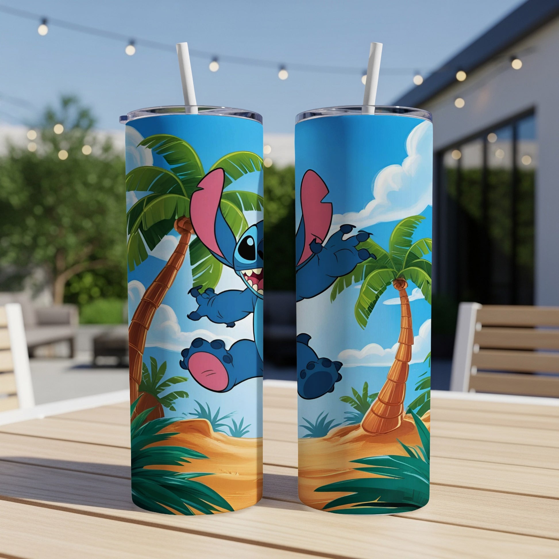 Stitch from Lilo & Stitch jumping amongst palm trees and sand.