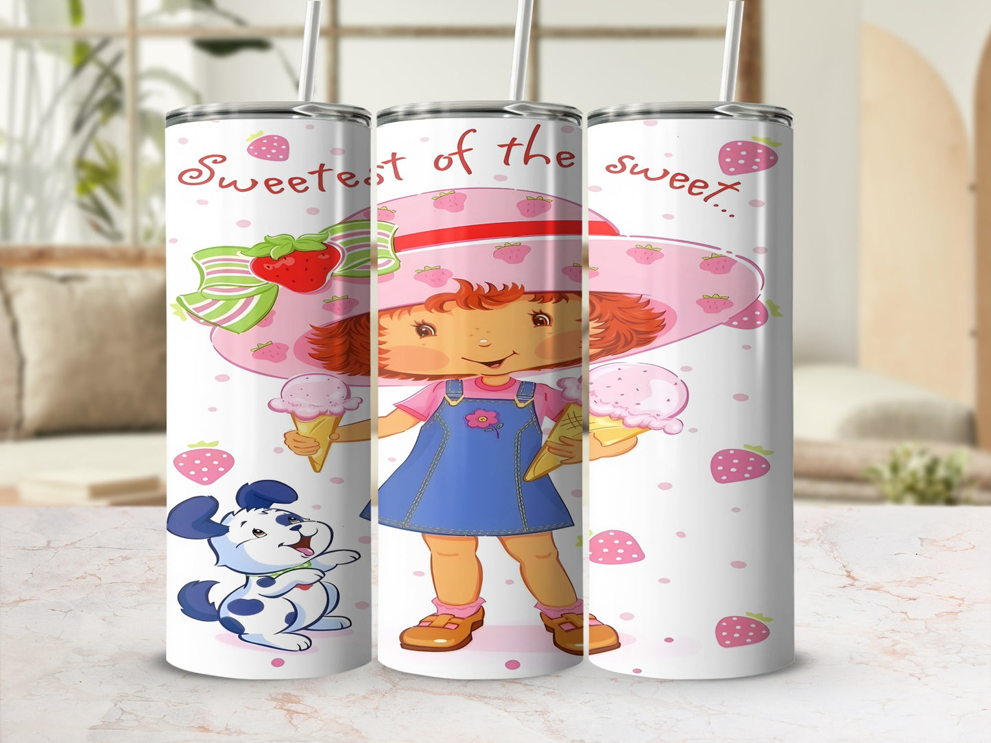 Strawberry Shortcake with ice cream and dog, text "Sweetest of the sweet".
