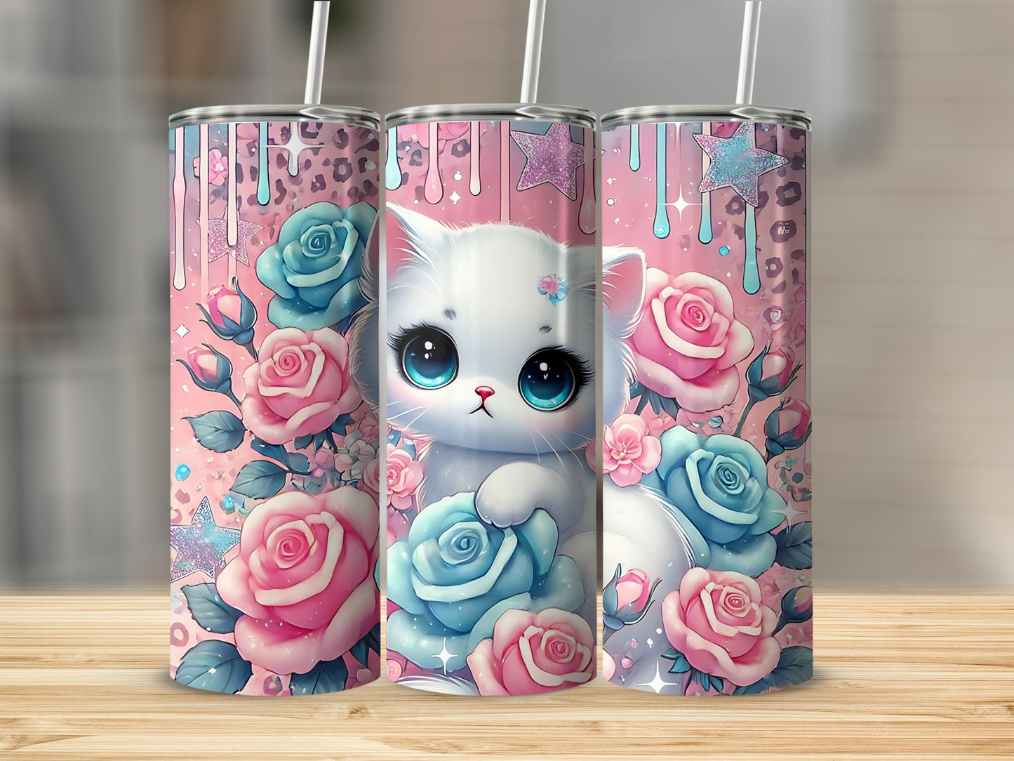 White kitten with large blue eyes surrounded by pink and blue roses and glitter stars.