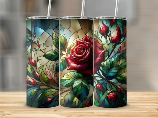 Three stained glass tumblers with red rose and leaf designs.