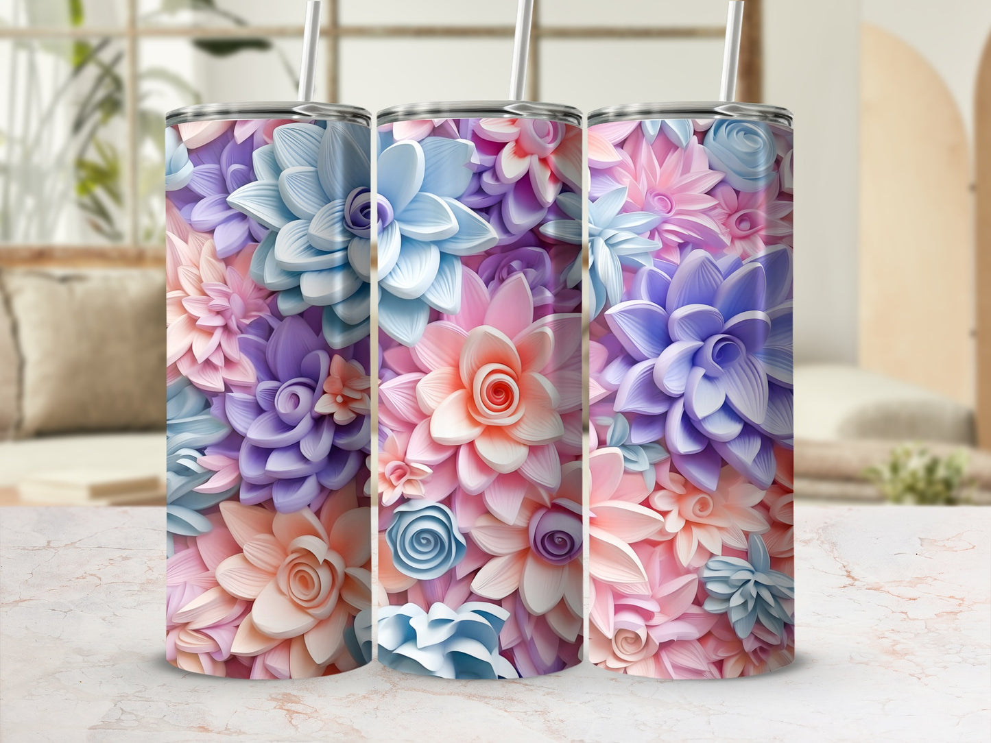 Vibrant Floral Pattern Insulated Tumbler with Straw