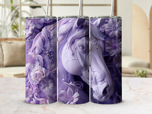 Purple horse head with floral embellishments on a tumbler.