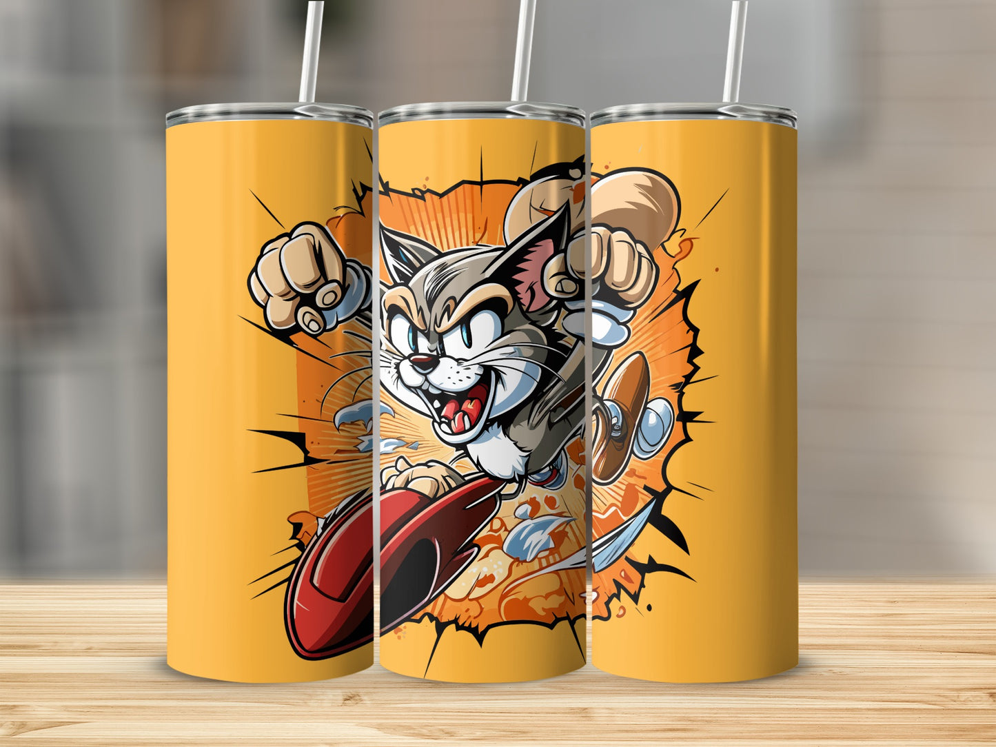 Energetic Cartoon Cat Riding Scooter Tumbler