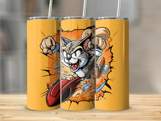 Energetic Cartoon Cat Riding Scooter Tumbler