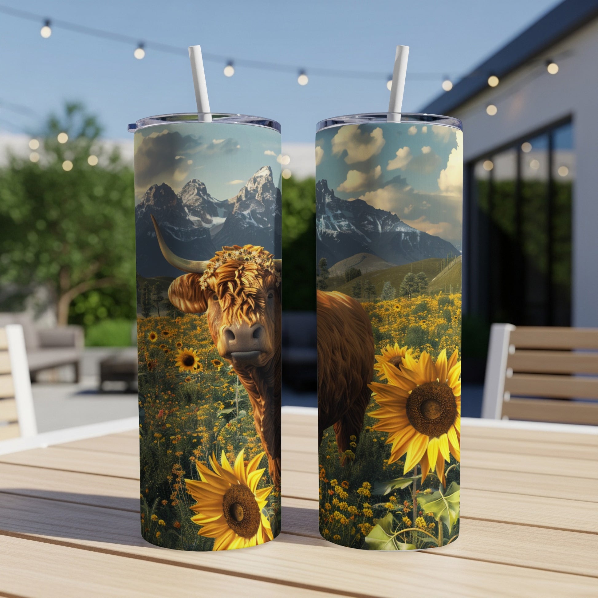 Highland cow in sunflower field with mountains, on two tumblers.