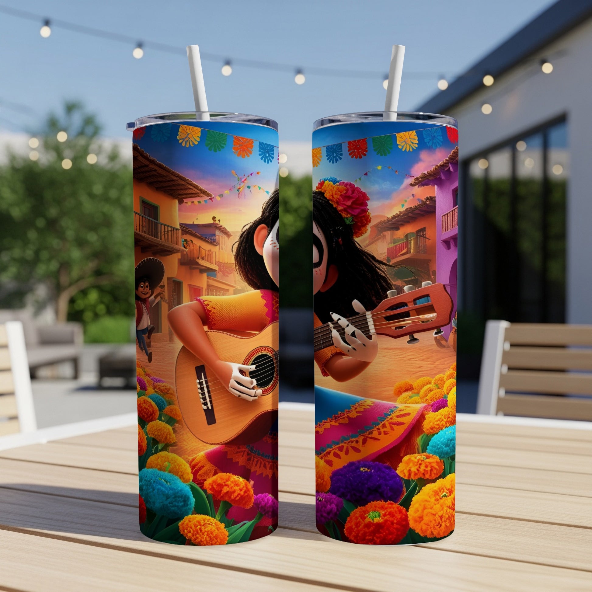 Two tumblers featuring a colorful Dia de los Muertos scene with a girl playing guitar.