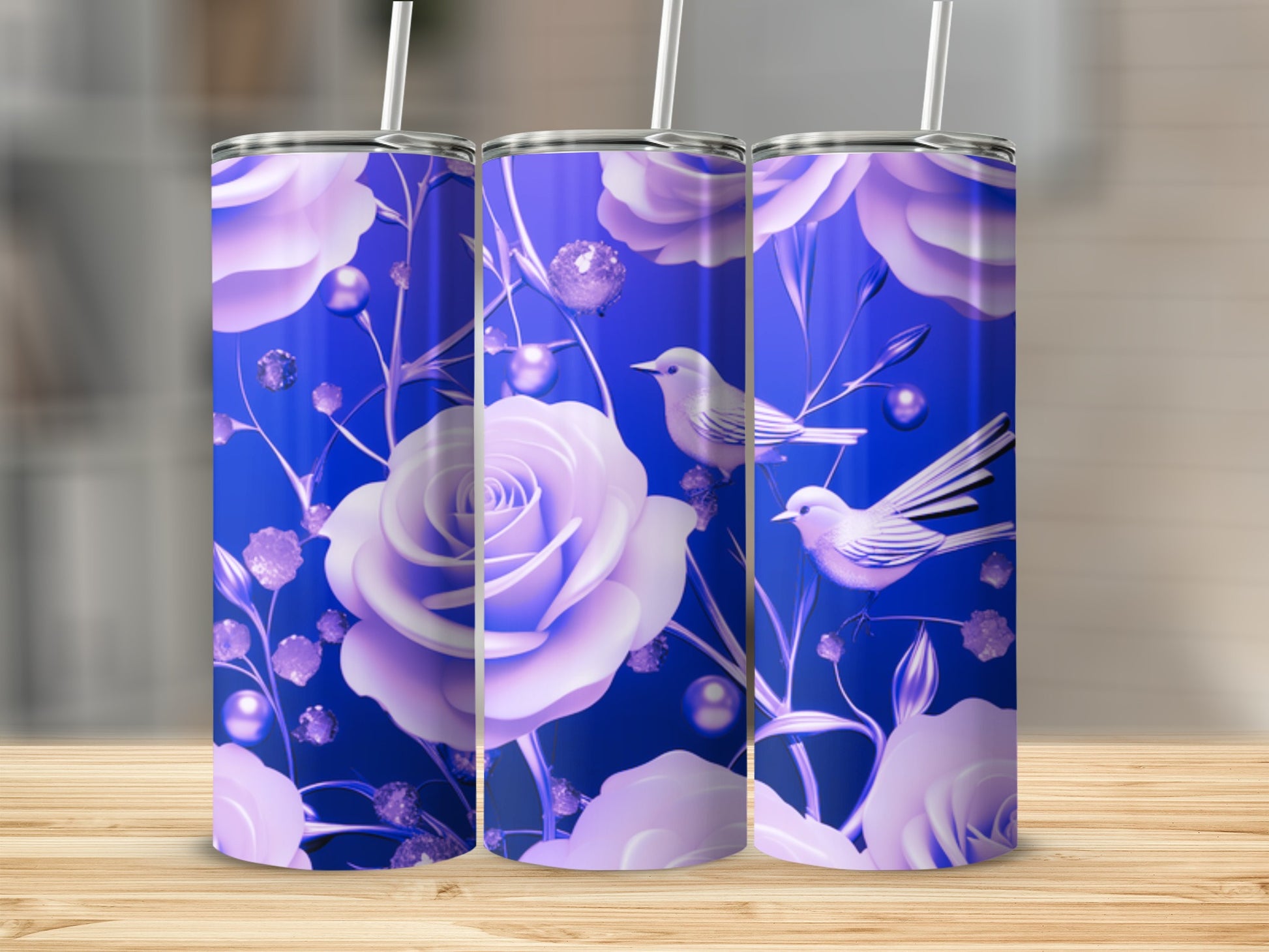 Purple roses and birds on a blue background with straws.