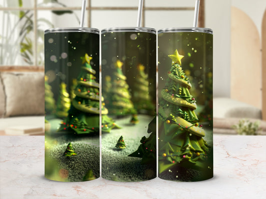 Tinsel-wrapped Christmas tree with lights and star, on a tumbler.