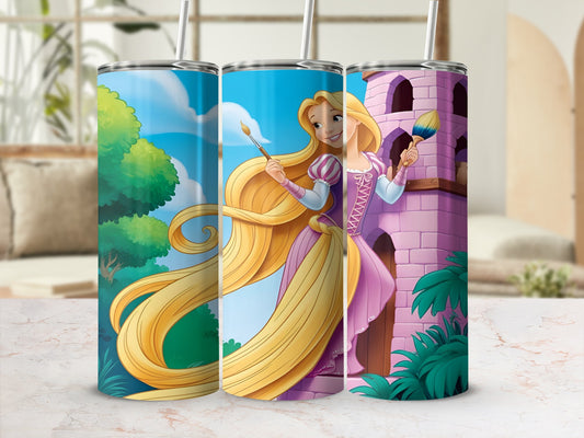 Rapunzel painting a castle tower with long blonde hair and a paintbrush.