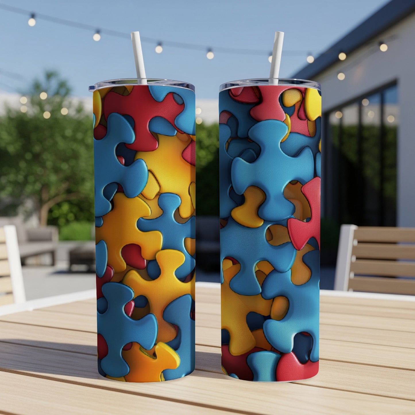Two tumblers with colorful, interlocking puzzle piece patterns.