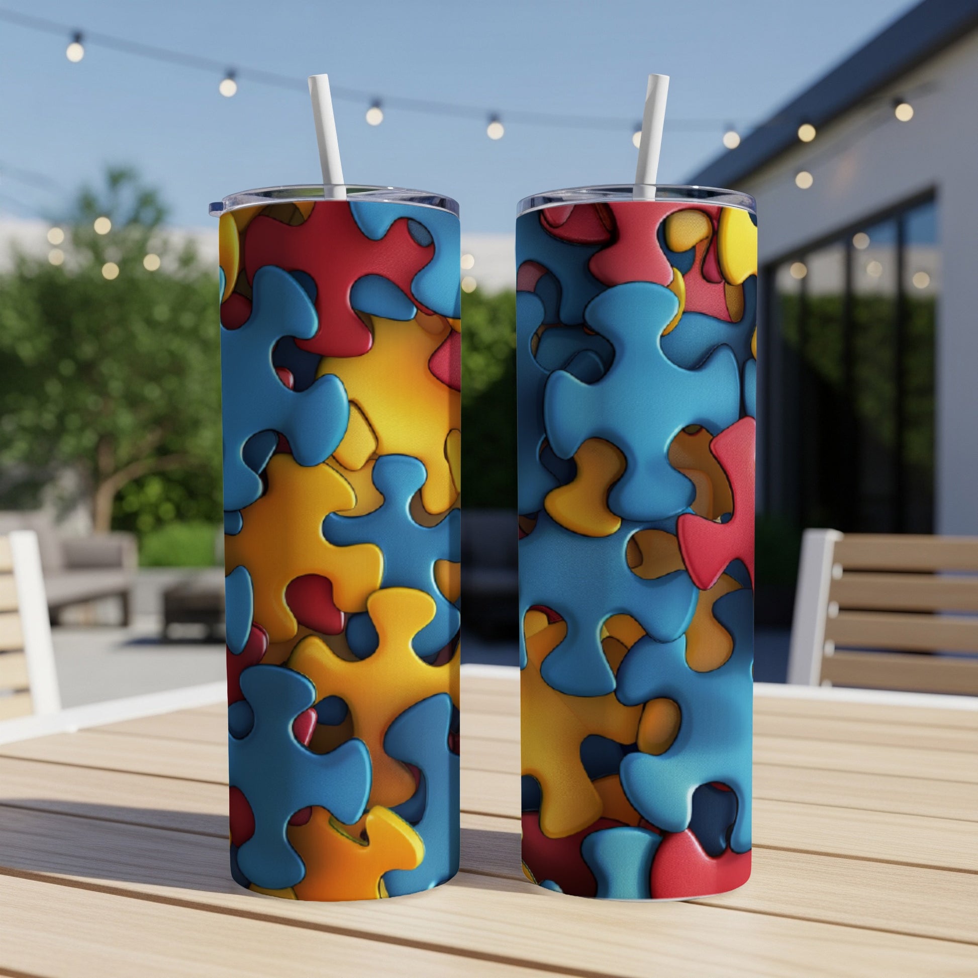 Two tumblers with colorful, interlocking puzzle piece patterns.