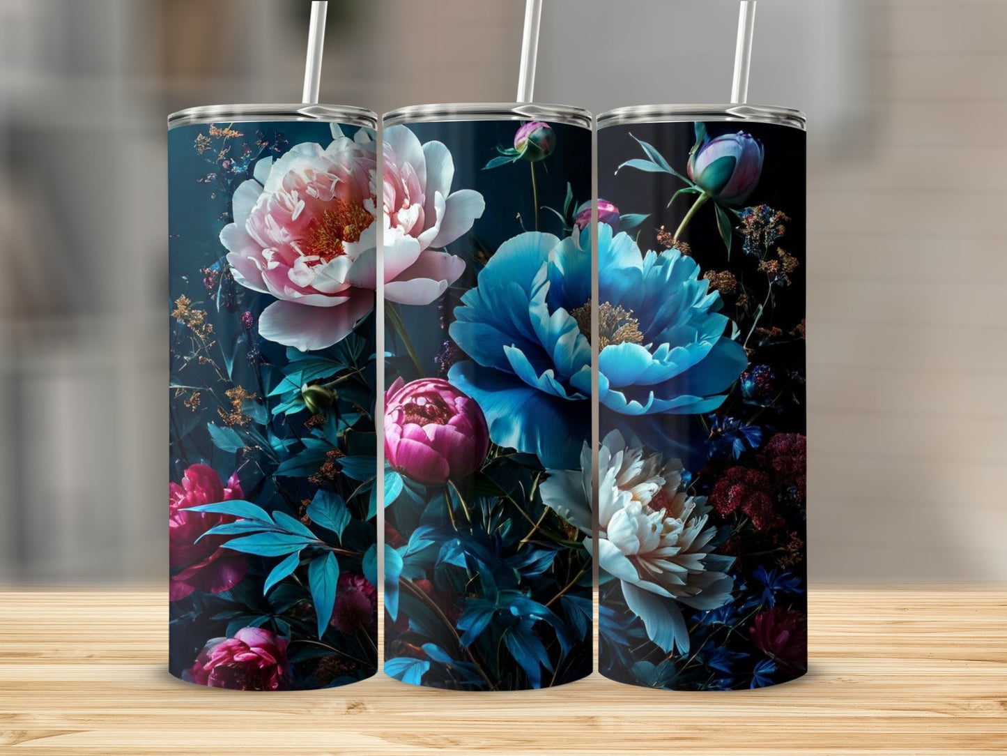 Three tumblers with a dark floral pattern featuring pink and blue peonies.