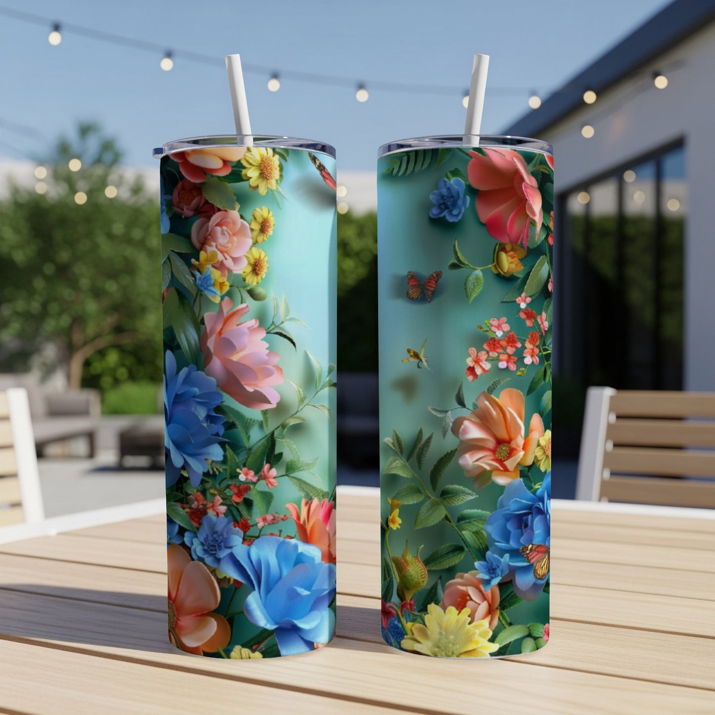 Two tumblers with vibrant floral and butterfly designs sit on a table.