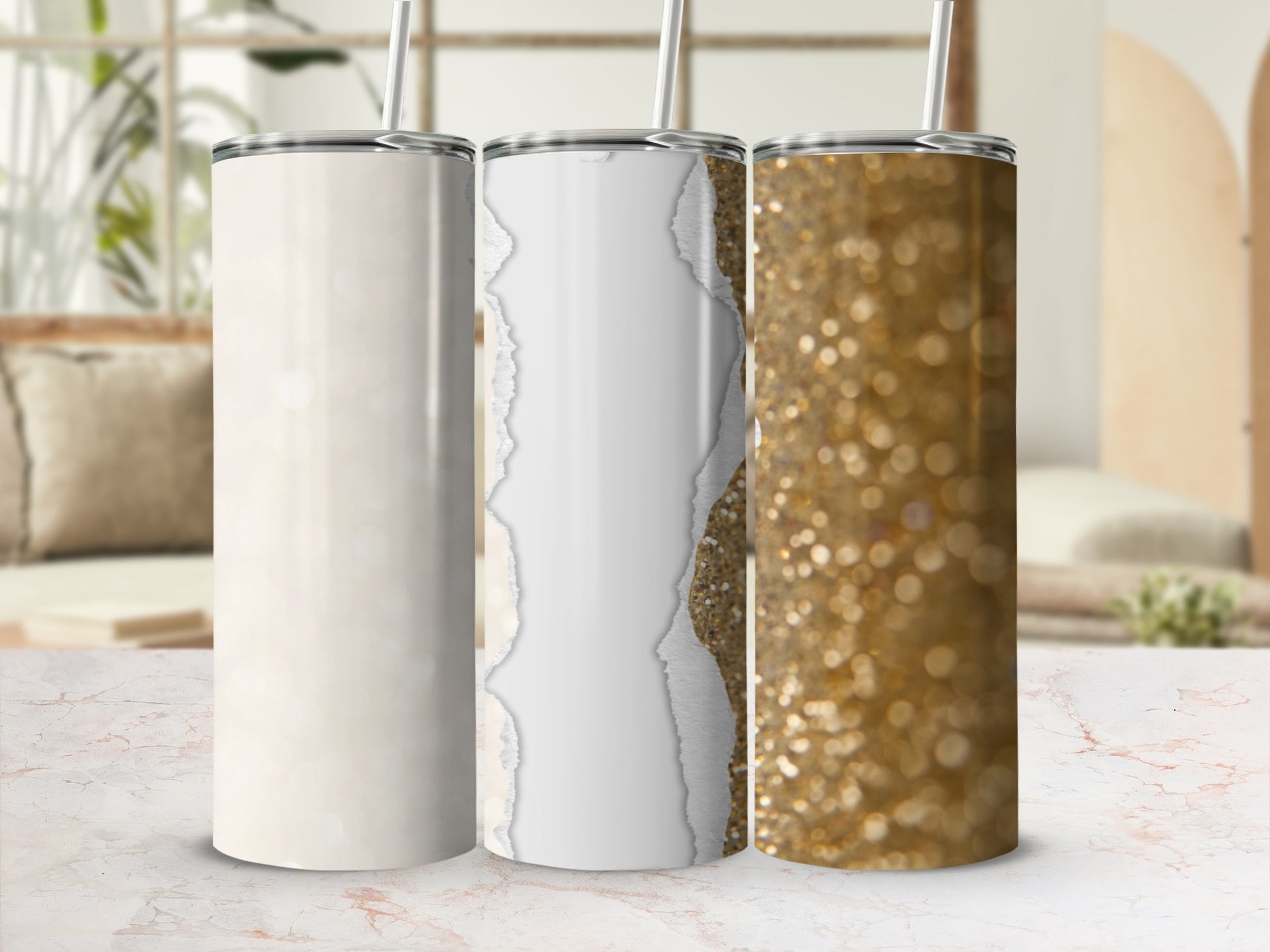 Three tumblers: marble, torn paper with glitter, and gold glitter.