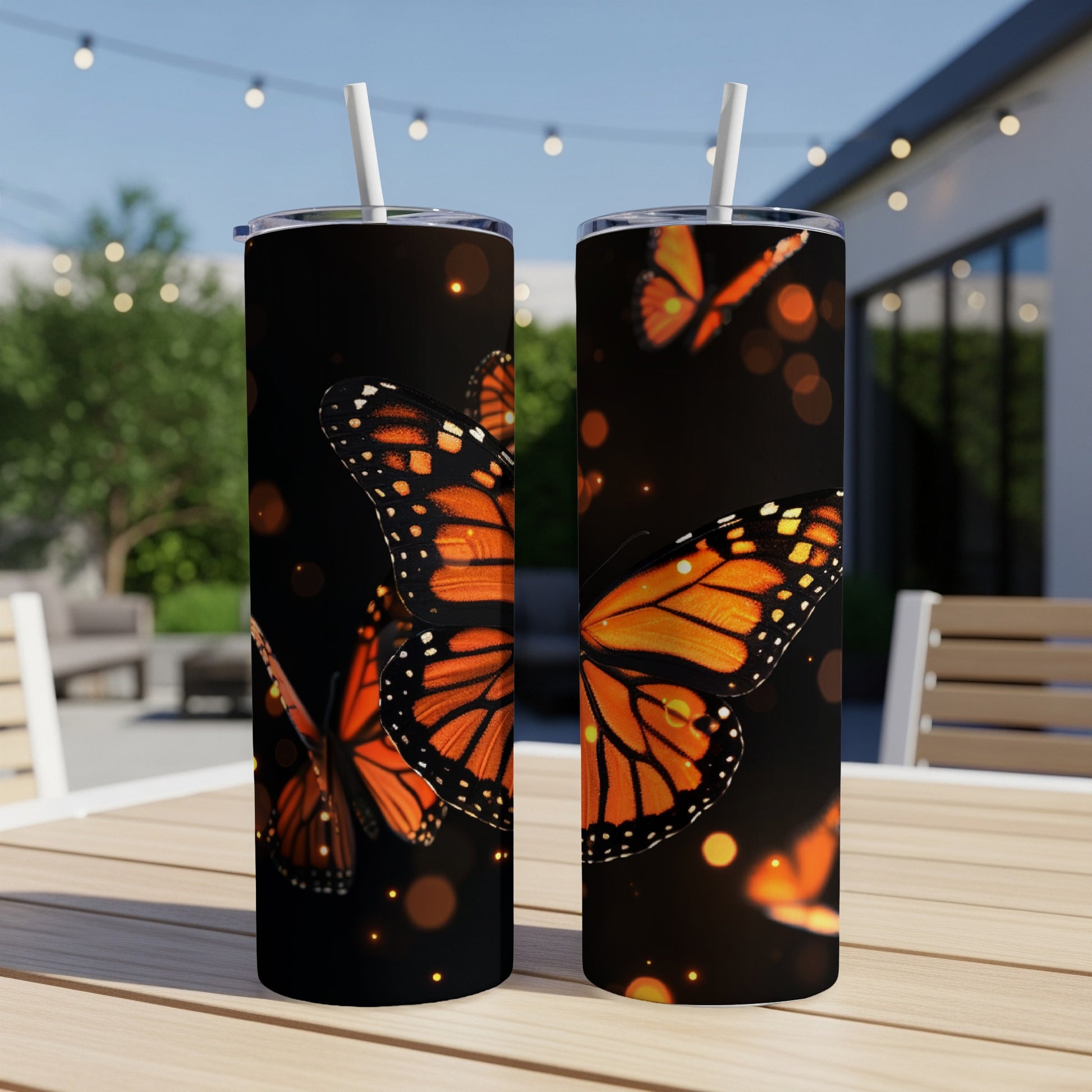 Two tumblers with monarch butterflies and bokeh lights on a dark background.