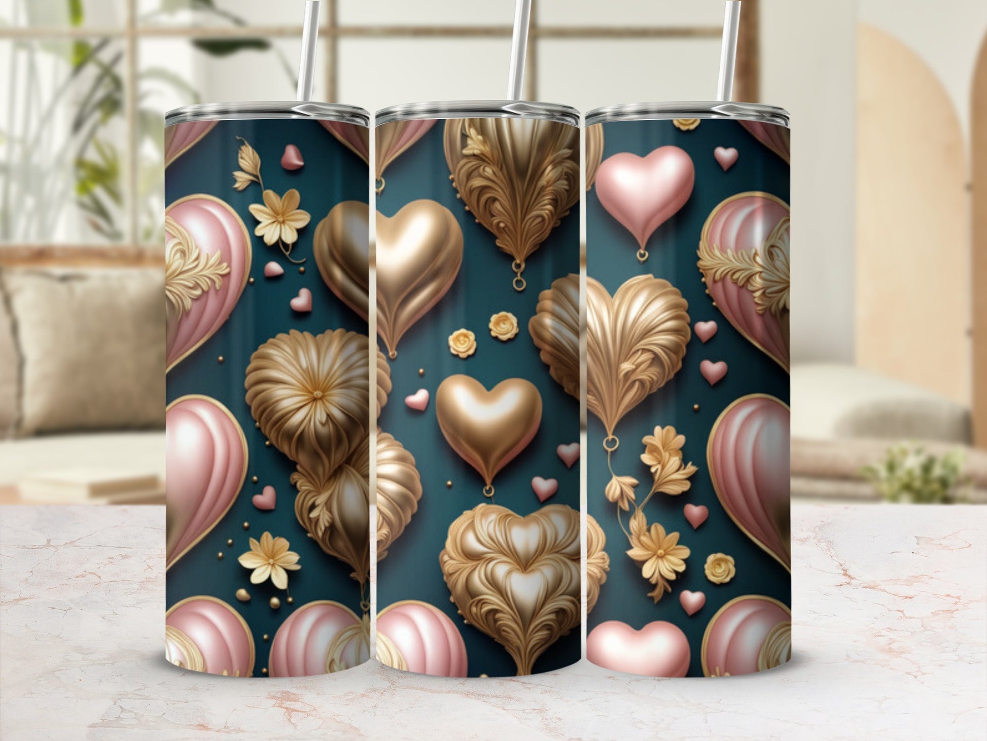 Dark teal tumbler with gold and pink hearts, floral accents, and subtle background.