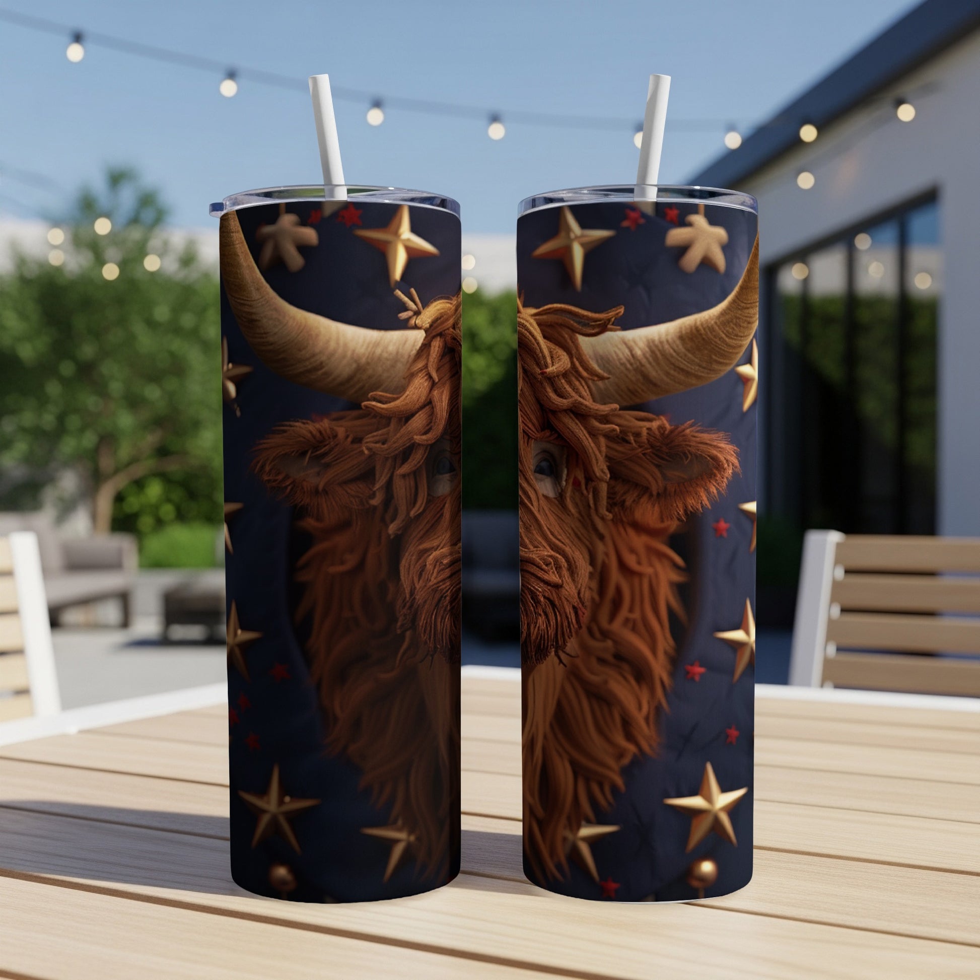 Two tumblers with Highland cow face and gold stars design.