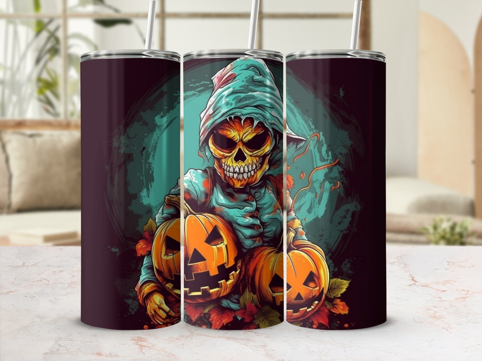 Tumbler with skeleton scarecrow holding pumpkins and fall leaves design.
