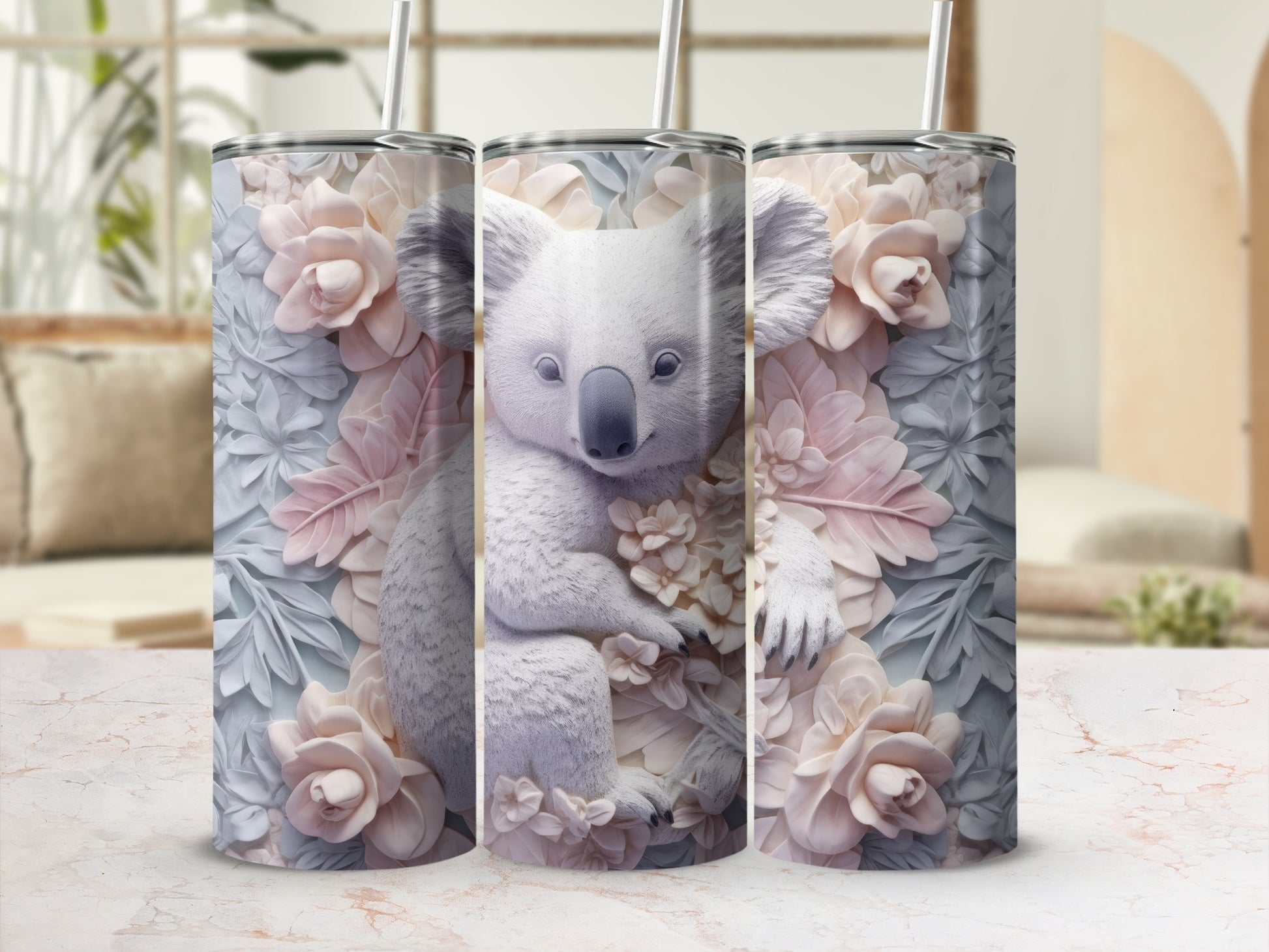 Koala bear surrounded by soft pink and gray floral petals.