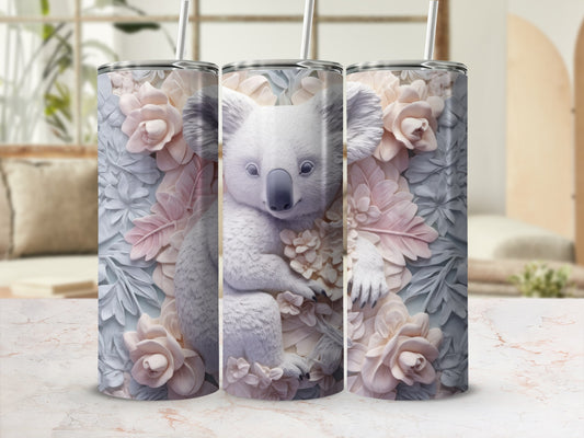 Koala bear surrounded by soft pink and gray floral petals.